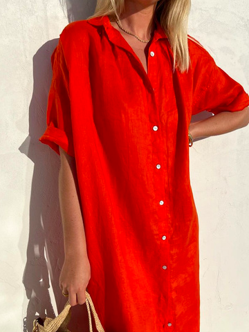 🤩🤩Women Elegant Casual Loose Half Sleeve Button Down Front Half Sleeve Cotton Linen Dress(Buy 2 Free Shipping)