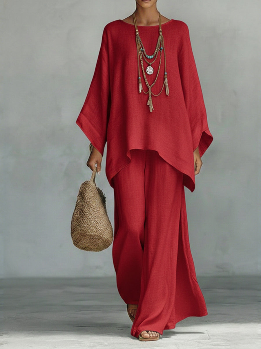 💝💝Women's Comfortable, Loose-fitting Linen And Cotton Top And Wide-leg Pants Two-piece Set.
