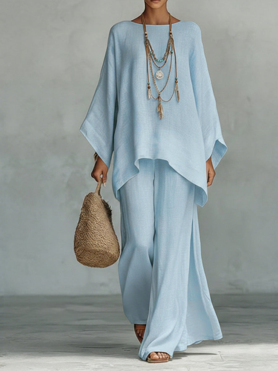 💝💝Women's Comfortable, Loose-fitting Linen And Cotton Top And Wide-leg Pants Two-piece Set.
