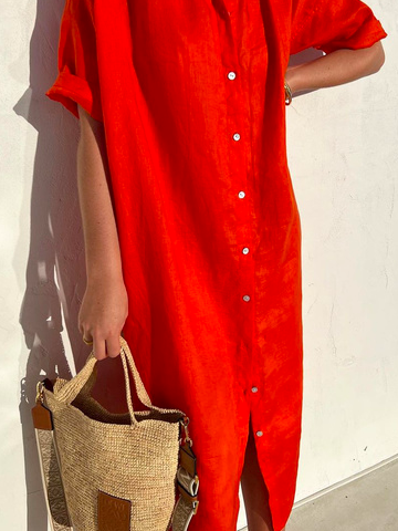 🤩🤩Women Elegant Casual Loose Half Sleeve Button Down Front Half Sleeve Cotton Linen Dress(Buy 2 Free Shipping)
