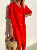 🤩🤩Women Elegant Casual Loose Half Sleeve Button Down Front Half Sleeve Cotton Linen Dress(Buy 2 Free Shipping)