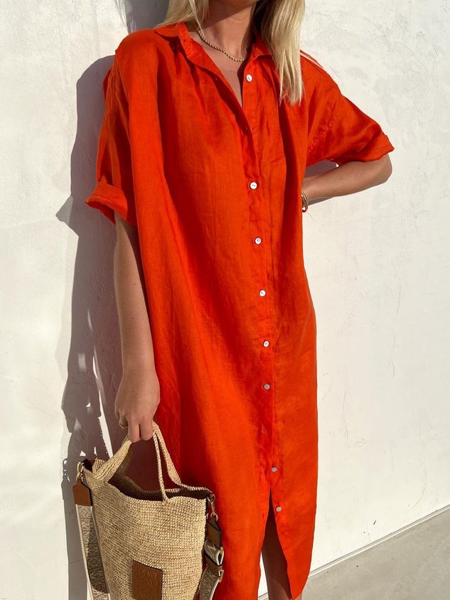 🤩🤩Women Elegant Casual Loose Half Sleeve Button Down Front Half Sleeve Cotton Linen Dress(Buy 2 Free Shipping)