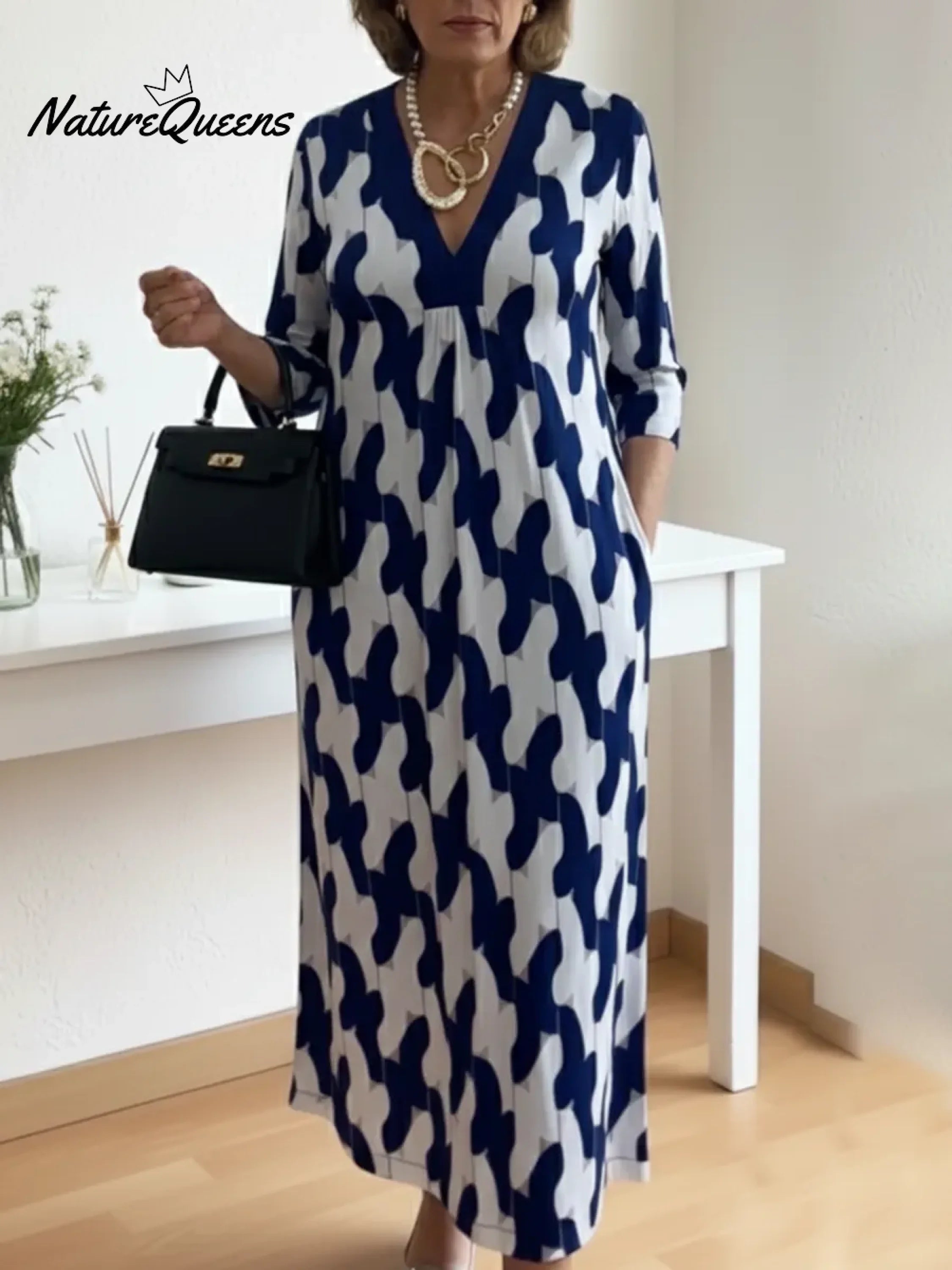 💝💝Elegant Art Print Color Block Trim V-neck Midi Dress