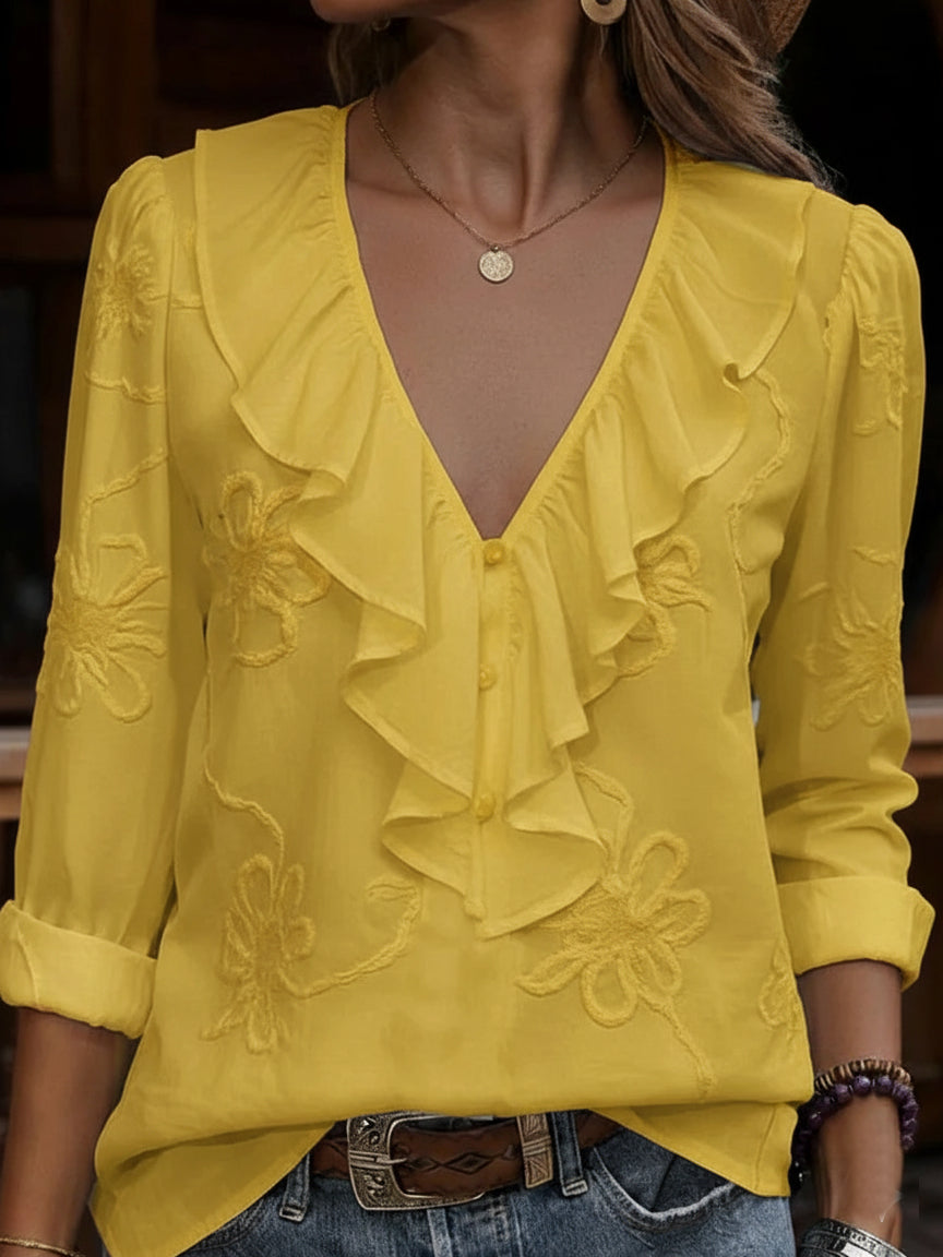 🤩🤩Vintage ruffled V-neck shirt with embroidered flowers