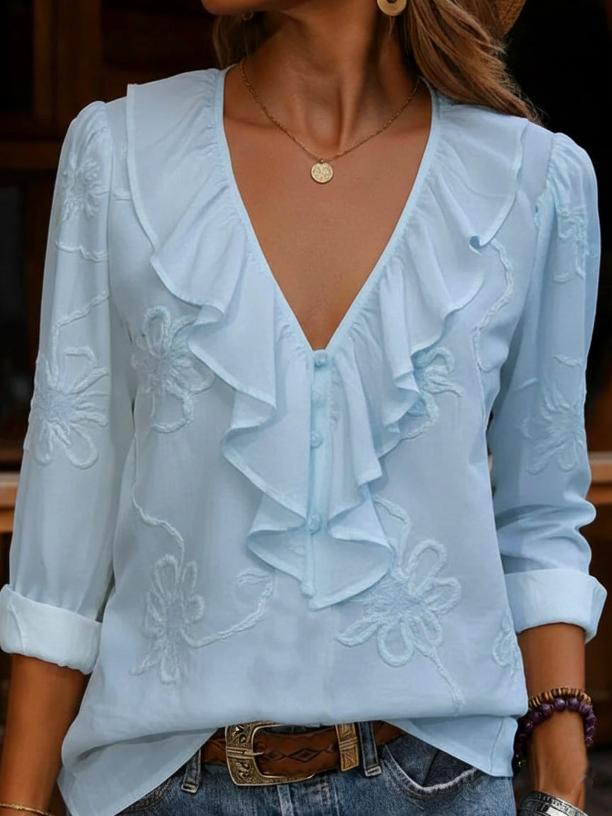 🤩🤩Vintage ruffled V-neck shirt with embroidered flowers