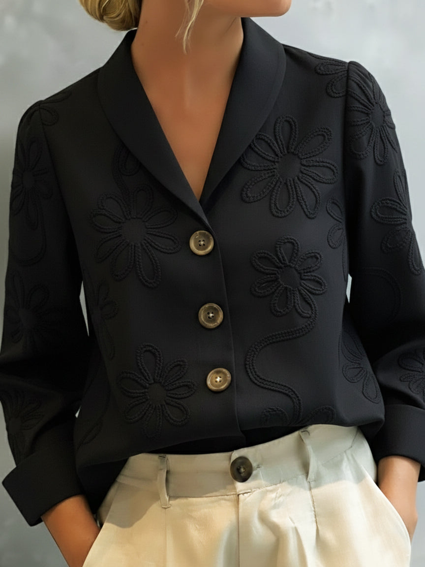💝💝Vintage Floral Embroidered Shawl Collar Blouse